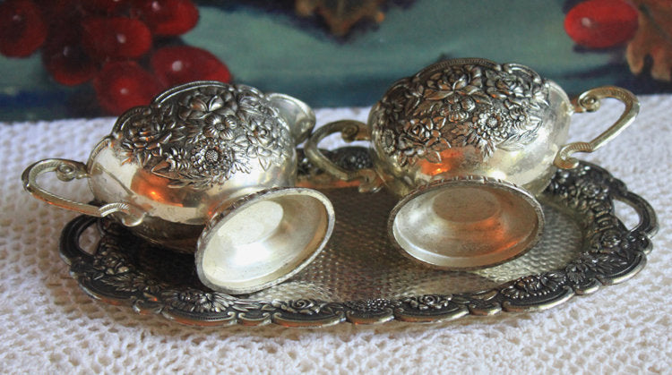 Ornate Silver Plated Creamer & Sugar Bowl with Tray - Enamel Inside ...