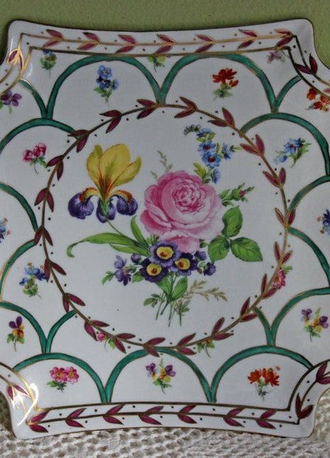 Square Porcelain Plate with Rounded Corners and Hand Painted Flowers. Plate for Serving or Display by Heirloom Toyo.