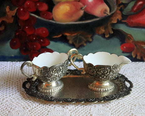 Ornate Silver Plated Creamer & Sugar Bowl with Tray - Enamel Inside