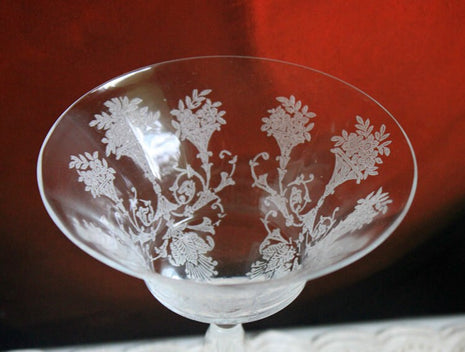 Vintage Etched Champagne Glasses with Paneled Bowls.