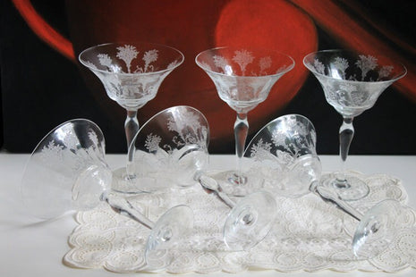 Vintage Etched Champagne Glasses with Paneled Bowls.