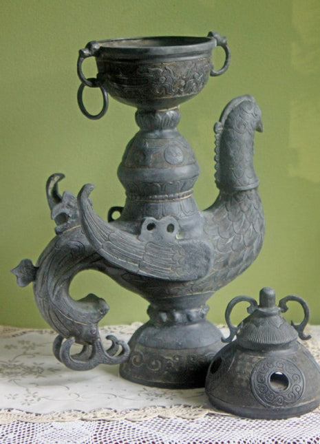 Antique Bronze Incense Burner. Asian Ritual Vessel. 18th-19th Century China Large Incense Burner in Shape of Bird. Museum Quality Artifact.