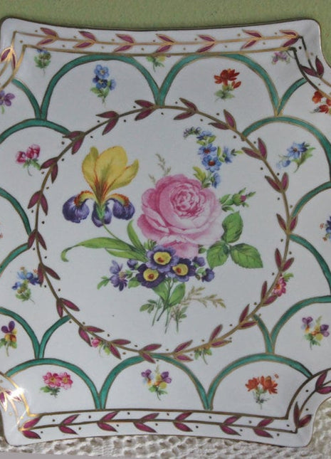 Square Porcelain Plate with Rounded Corners and Hand Painted Flowers. Plate for Serving or Display by Heirloom Toyo.