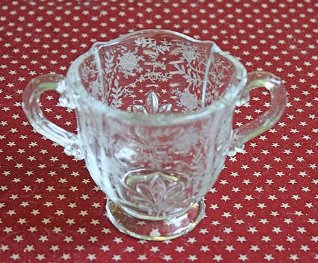 Replacement Fostoria Sugar Bowl. Vintage Chintz Etched Glass Footed Sugar Bowl with Handles.  Fostoria Baroque Pattern Sugar Serving Bowl.