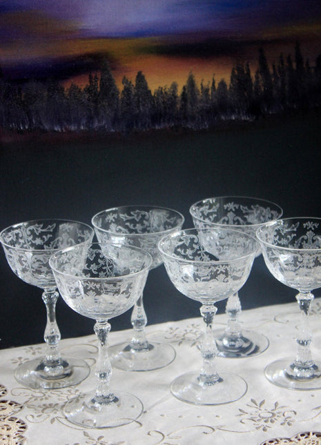 6 Fostoria Etched Crystal Champagne Glasses in Navarro Pattern