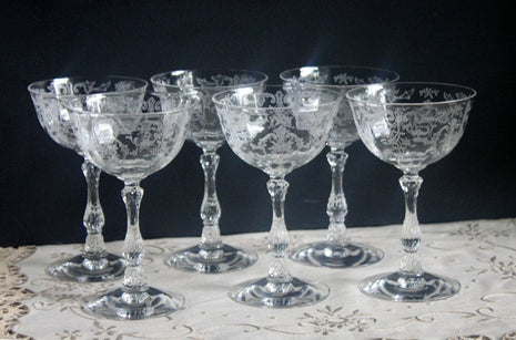 6 Fostoria Etched Crystal Champagne Glasses in Navarro Pattern