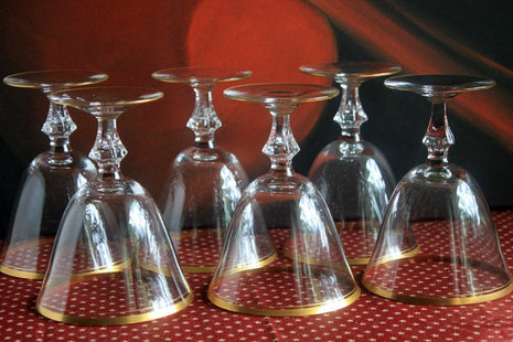 Vintage Crystal Water Goblets with Gold Rim - Set of Nine