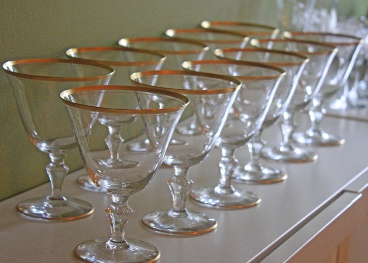 Vintage Crystal Water Goblets with Gold Rim - Set of Nine