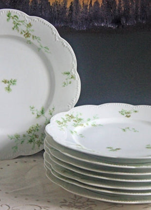 Limoges Elite Set of Five Bread / Salad / 8.75 inch Plates with Pink Roses and Scalloped Rim. Antique Limoges Dishes.