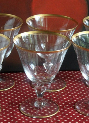 Vintage Crystal Water Goblets with Gold Rim - Set of Nine