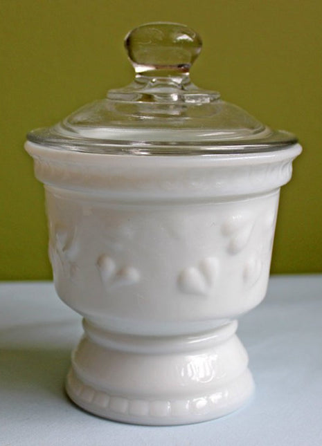 Milk Glass Jar with Lid. Container for Serving Jam or Honey. Jar Has Embossed Ivy Leaves.