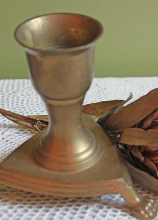 Antique Brass Candle Stick Holder with Triangle Base and Lion Feet.