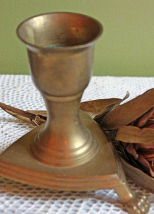 Antique Brass Candle Stick Holder with Triangle Base and Lion Feet.