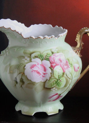 Lefton Coffee Pot with Lid. Porcelain Heritage Green Pot with Hand Painted Pink Roses, Crimped Rim, Scalloped Foot, Ornate Handle.