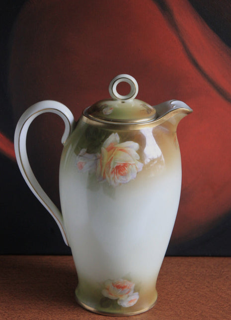 Bavarian Pot by Schwartzburg with Yellow Roses on Green Background