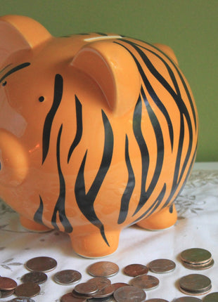 Large Pottery Piggy Bank in Silver Color. Educational Gift for Children.