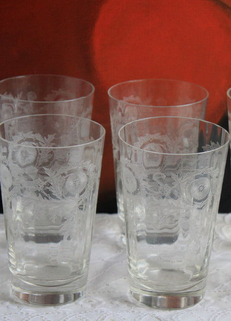 Etched Glass Tumblers. Set of Eight Water or Juice Glasses.