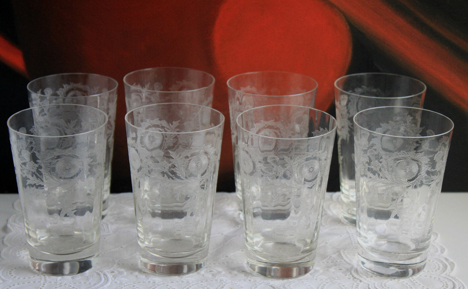 Etched Glass Tumblers. Set of Eight Water or Juice Glasses