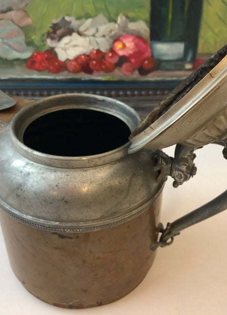 Antique Copper and Pewter Coffee Pot. Manning Bowman Pot with Ornate Lid, Spout, and Handle.
