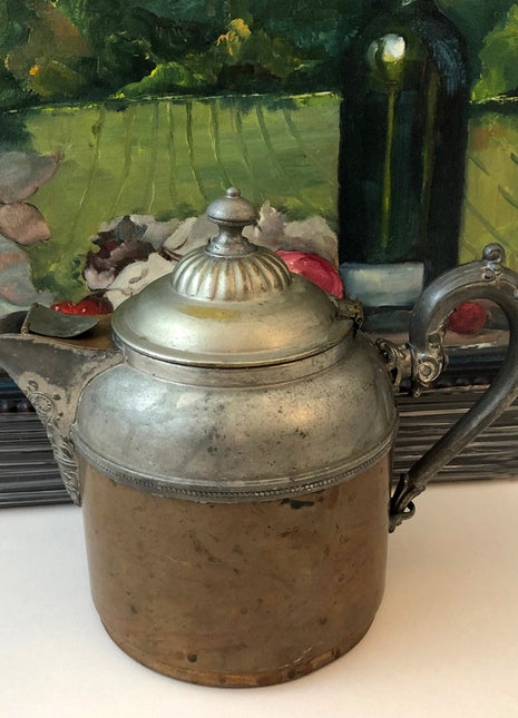 Antique Copper and Pewter Coffee Pot. Manning Bowman Pot with Ornate Lid, Spout, and Handle.