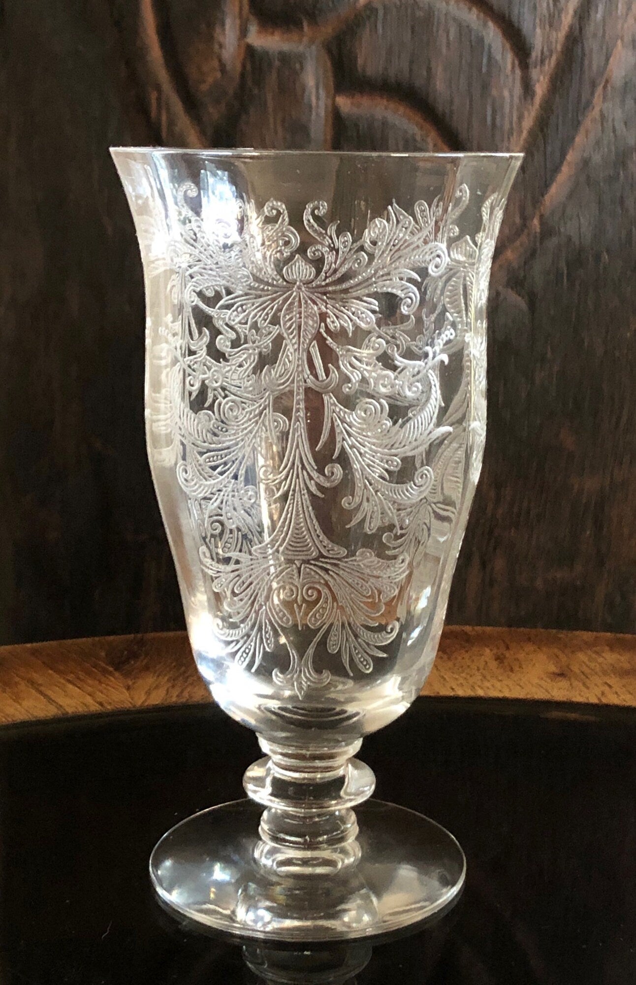 Set of 2 Antique Art Deco Floral Etched Crystal Footed Juice