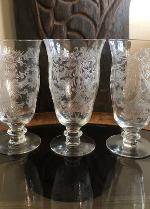 Juice / Water Glasses. Tiffin's Byzantine Pattern. Five Small Etched Footed Tumblers.
