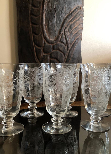 Juice / Water Glasses. Tiffin's Byzantine Pattern. Five Small Etched Footed Tumblers.