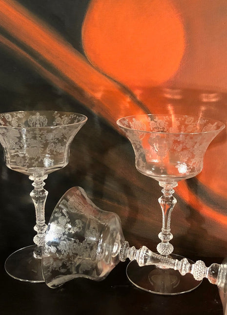 Cambridge Rosepoint Wine Glasses. Five Etched Crystal Goblets.