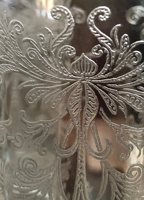 Juice / Water Glasses. Tiffin's Byzantine Pattern. Five Small Etched Footed Tumblers.