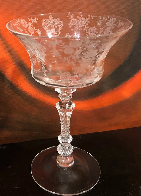 Cambridge Rosepoint Wine Glasses. Five Etched Crystal Goblets.