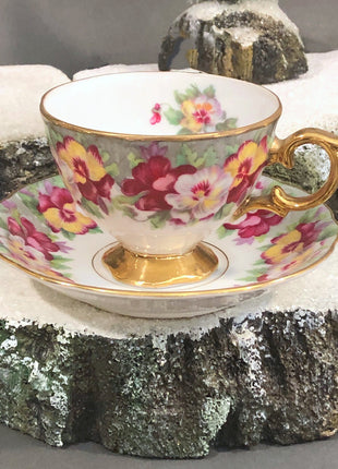 Vintage Cup and Saucer with Pansies by Royal Sealy China. Made in Japan.
