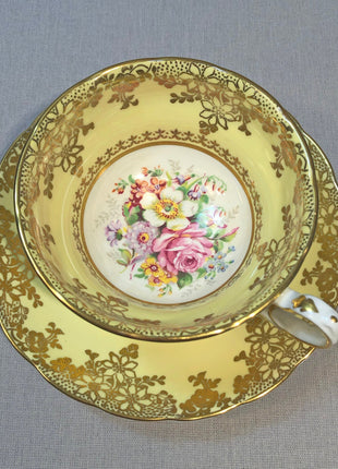 Cup and Saucer by Grosvenor. Yellow Pink Gold Tea Set Made in England.