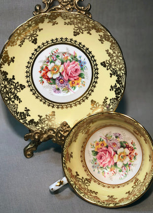 Cup and Saucer by Grosvenor. Yellow Pink Gold Tea Set Made in England.