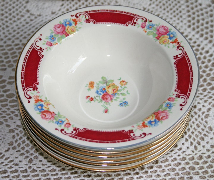 Mix and Match Vintage Dishes Homer Laughlin Skytone bluemont Pattern Pink  and White Floral Red on Black Green Branch Plates Bowls C. 1950s 