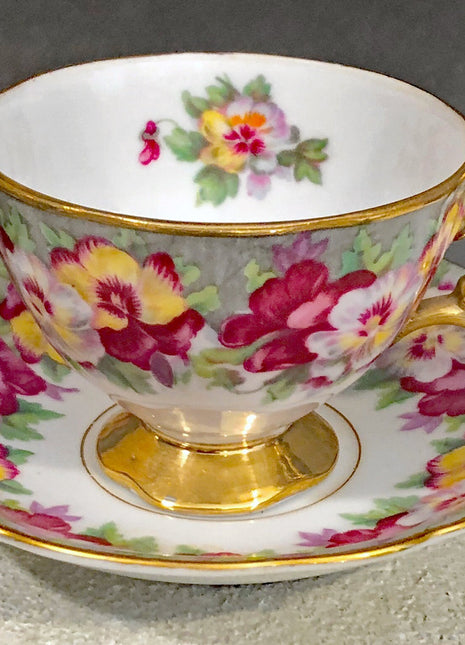 Vintage Cup and Saucer with Pansies by Royal Sealy China. Made in Japan.