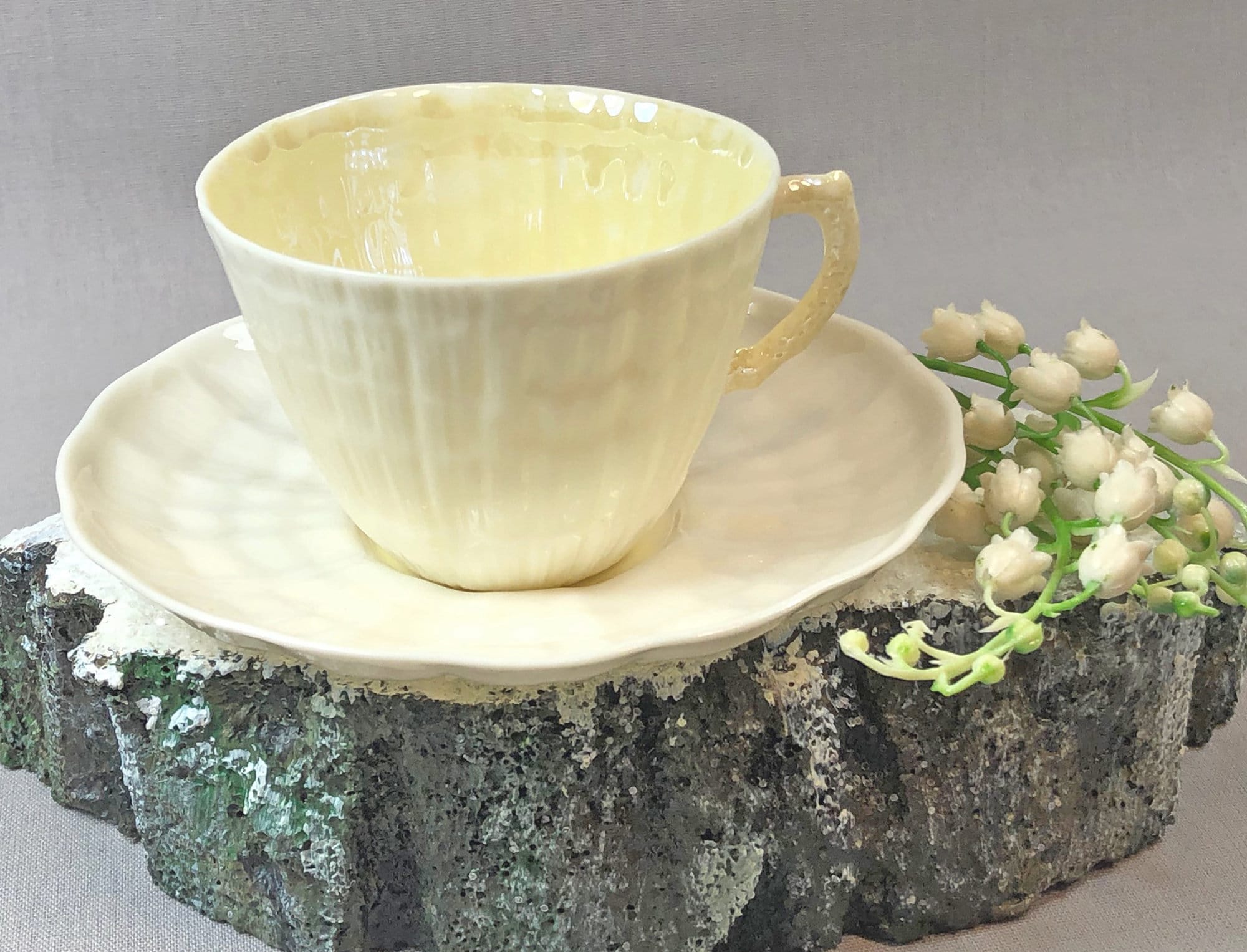 Belleek Cup and Saucer. Sea Shell Pattern Tea Set Made of Dainty Porcelain  in Ireland. Antique Reg 0857.