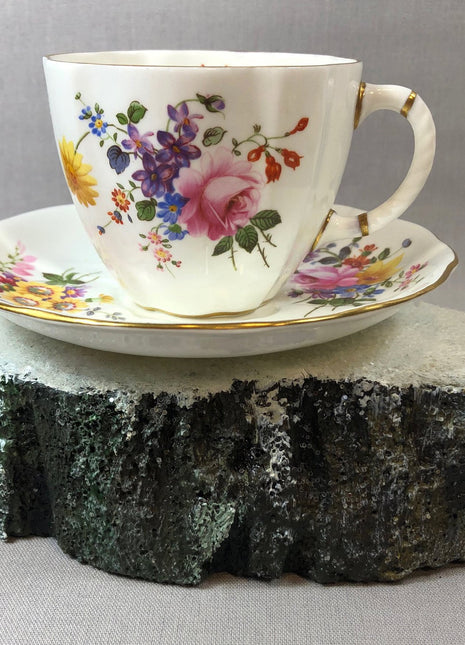 Tea Cup with Saucer by Royal Crown Derby. Floral Pattern. Made in England.