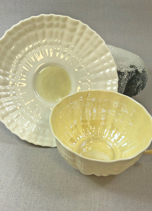 Belleek Cup and Saucer. Sea Shell Pattern Tea Set Made of Dainty Porcelain in Ireland. Antique Reg 0857.