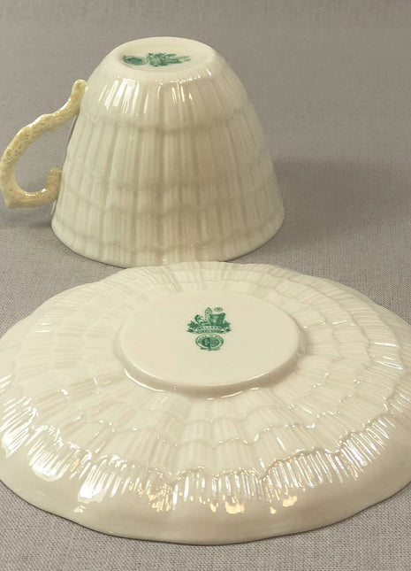 Belleek Cup and Saucer. Sea Shell Pattern Tea Set Made of Dainty Porcelain in Ireland. Antique Reg 0857.