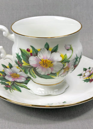 Vintage Tea Cup with Saucer by Royal Tuscan. Blue White Floral Pattern. Made in England.