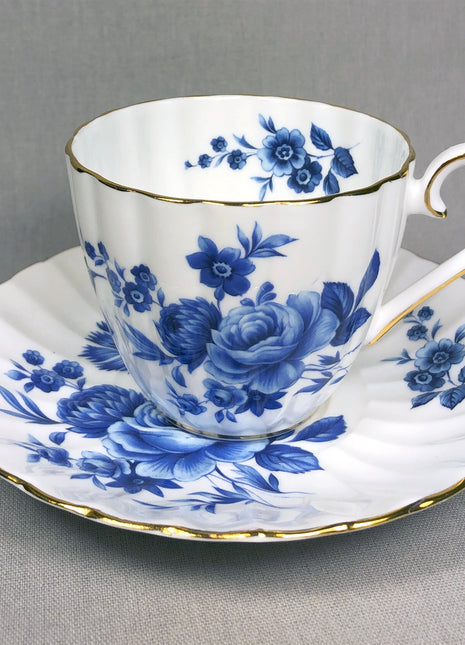 Vintage Tea Cup with Saucer by Royal Tuscan. Blue White Floral Pattern. Made in England.