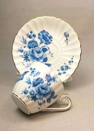 Vintage Tea Cup with Saucer by Royal Tuscan. Blue White Floral Pattern. Made in England.