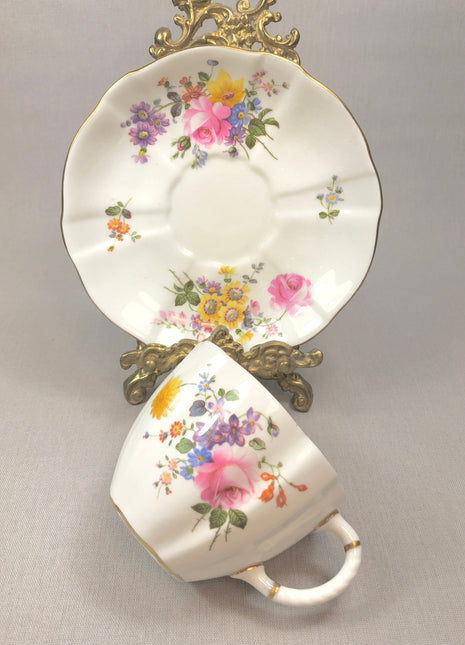 Tea Cup with Saucer by Royal Crown Derby. Floral Pattern. Made in England.