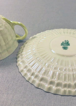 Belleek Cup and Saucer. Sea Shell Pattern Tea Set Made of Dainty Porcelain in Ireland. Antique Reg 0857.