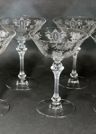 Vintage Wine Glasses. Cut Crystal Tall Stemware. Daisy Garland Motif. Set of Eight.