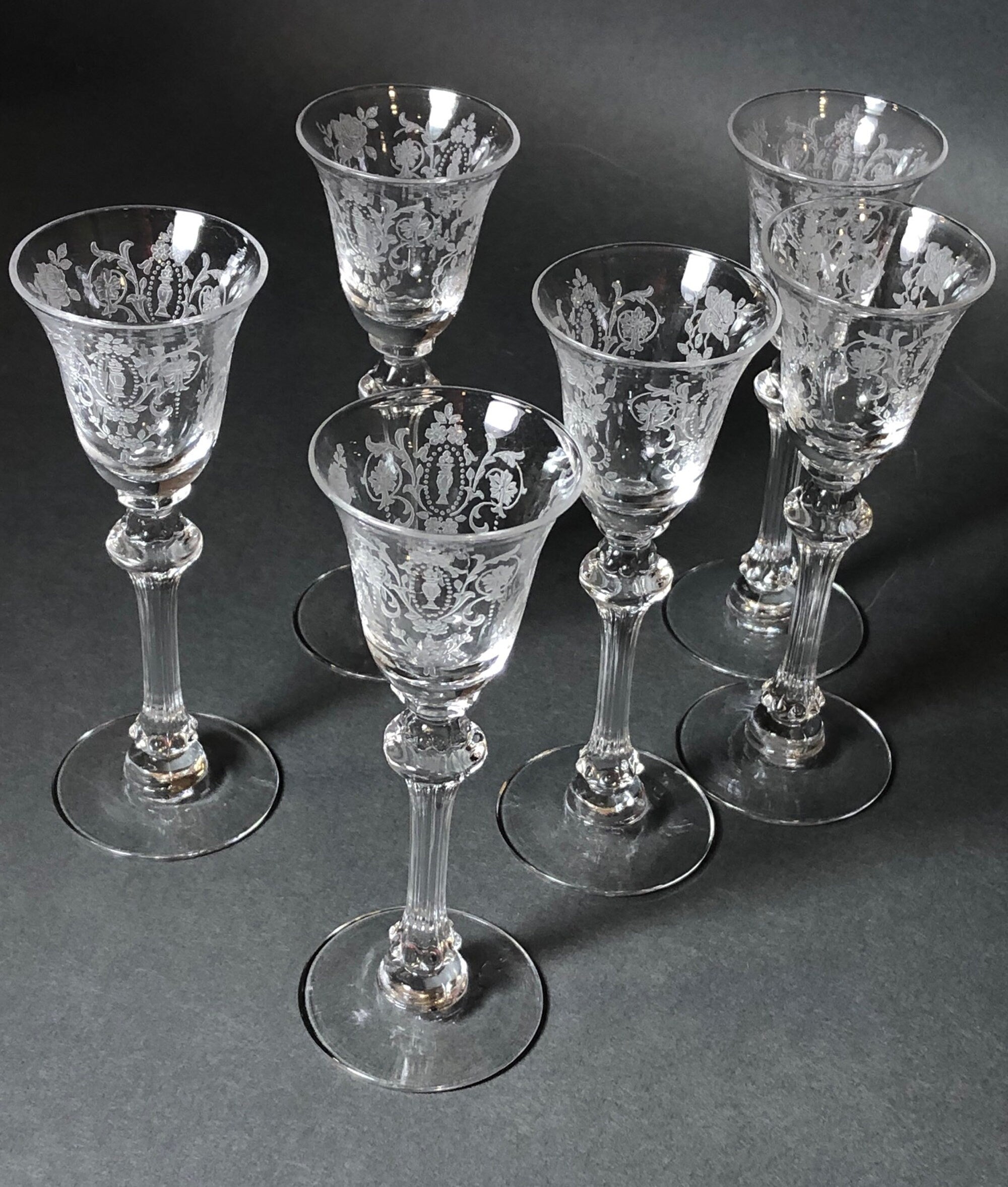 5 Vintage Etched Wine Liqueur Glasses, 4 oz After Dinner Drink