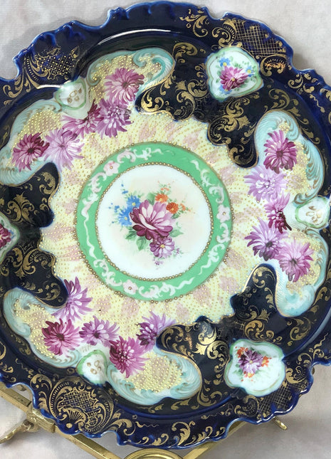 Antique Bowl with Stand. Intricate Hand Decorated Large Dish with Scalloped Rim and 22 Karat Gold Elements.