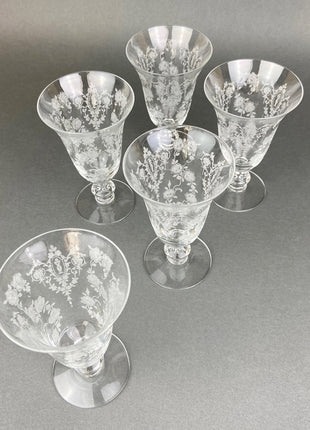 Antique Tiffin Franciscan Cherokee Rose Pattern , Set of Five Juice/ Rose Water Glasses.