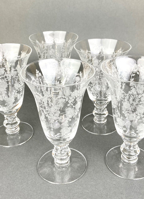 Antique Tiffin Franciscan Cherokee Rose Pattern , Set of Five Juice/ Rose Water Glasses.