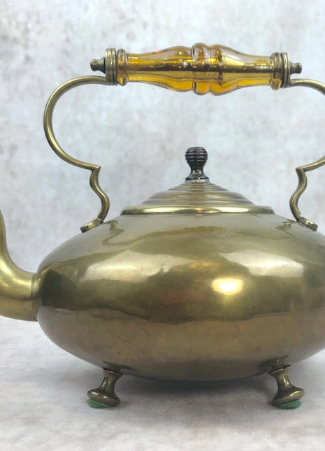 Antique Brass Kettle / Tea Pot / Coffee Pot with Amber Glass Handle. Kettle / Pot with Feet. Home Decor , Film , Photo Prep.